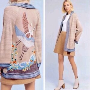 Anthropologie HWR Embroidered Crane Wool Kimono Cardigan Sweater Boho